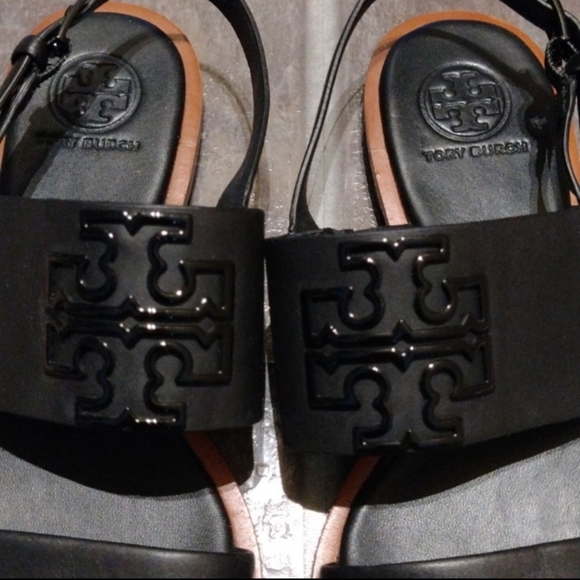 Tory Burch Logo Monogram Black leather slingback stripy sandal size 35 - Picture 9 of 9